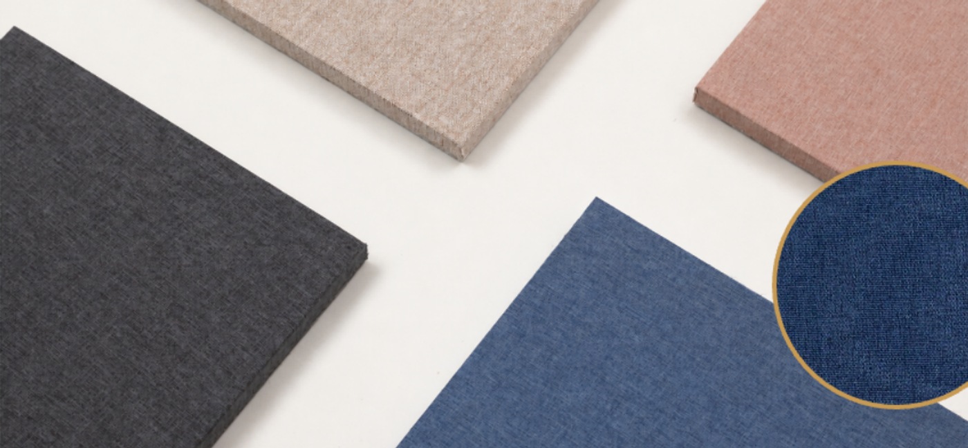 Company catalogue detail of fabric-faced PET panels and their textile surface