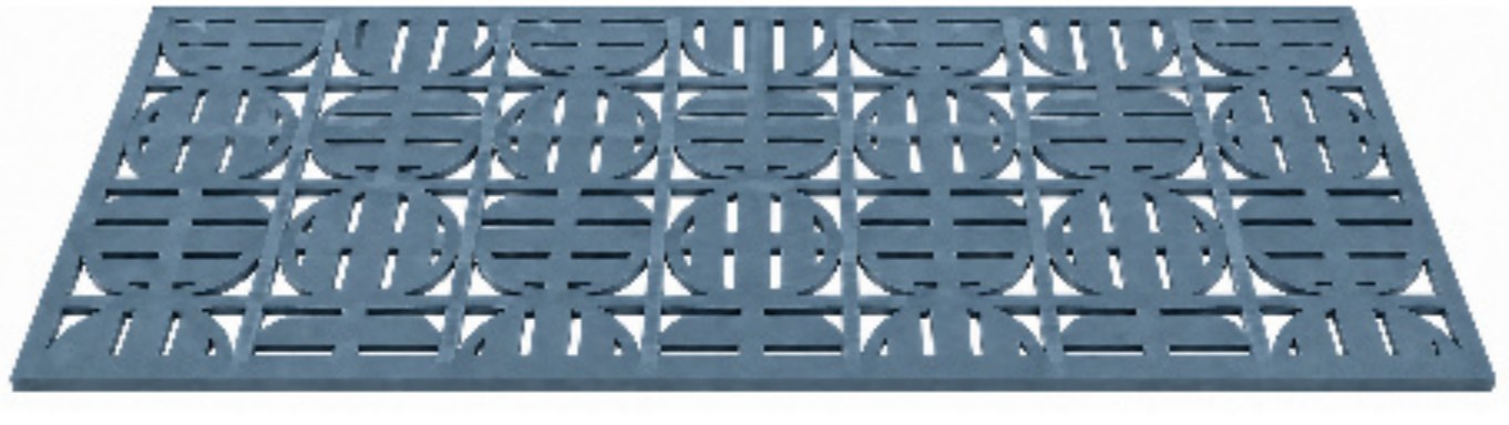 Blue PET panel with a repeated CNC-cut openwork pattern