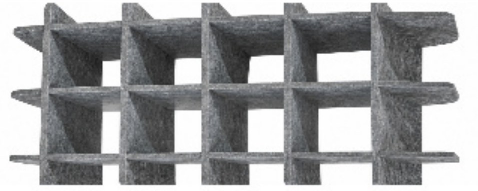 Grey PET strips interlocked into a three-dimensional rectangular grid